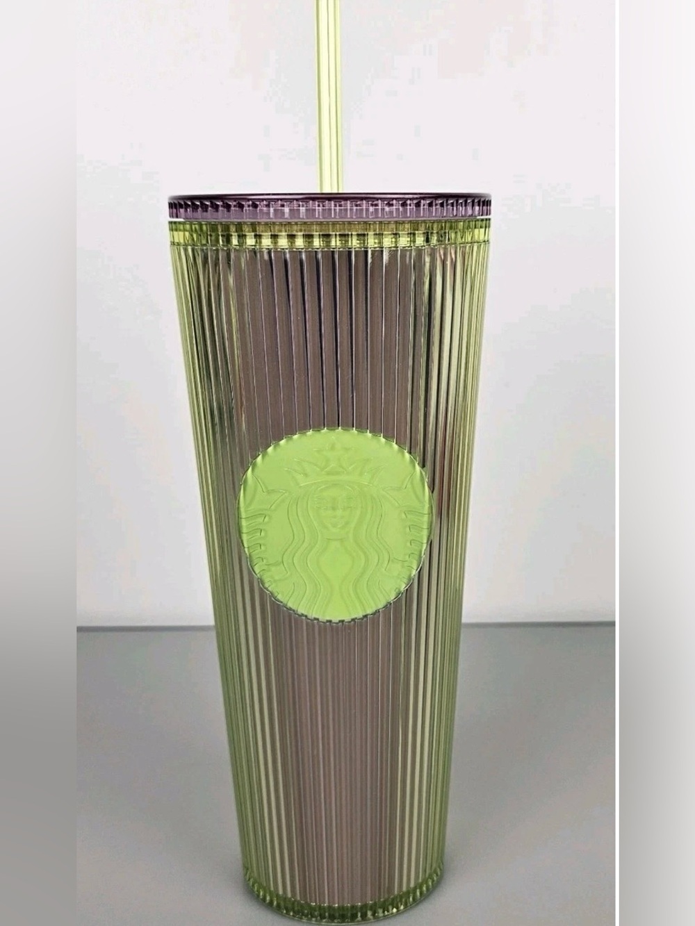 Starbucks 2025 Neon Transparent Lime Lilac Pleated Striped Venti Tumbler 24oz